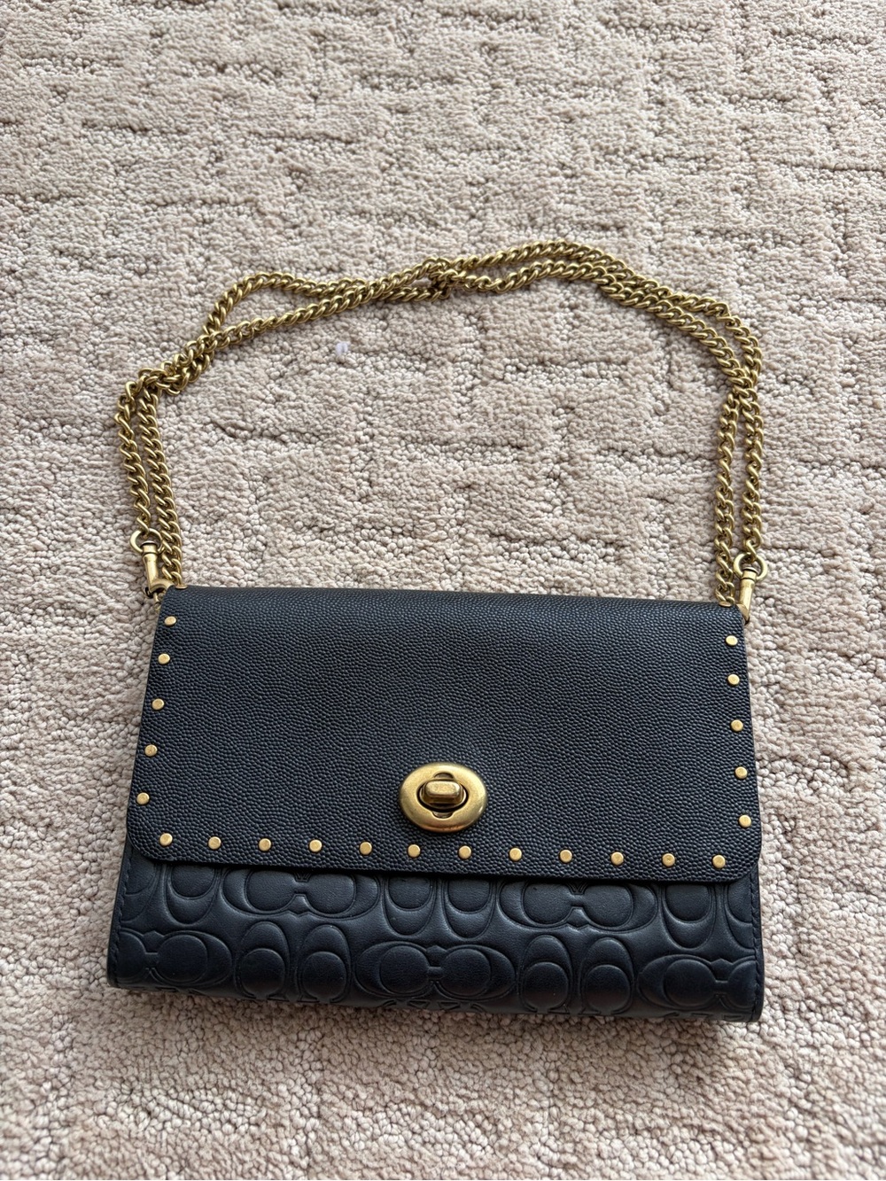 Coach Black Leather Mini Shoulder Bag with Gold Chain